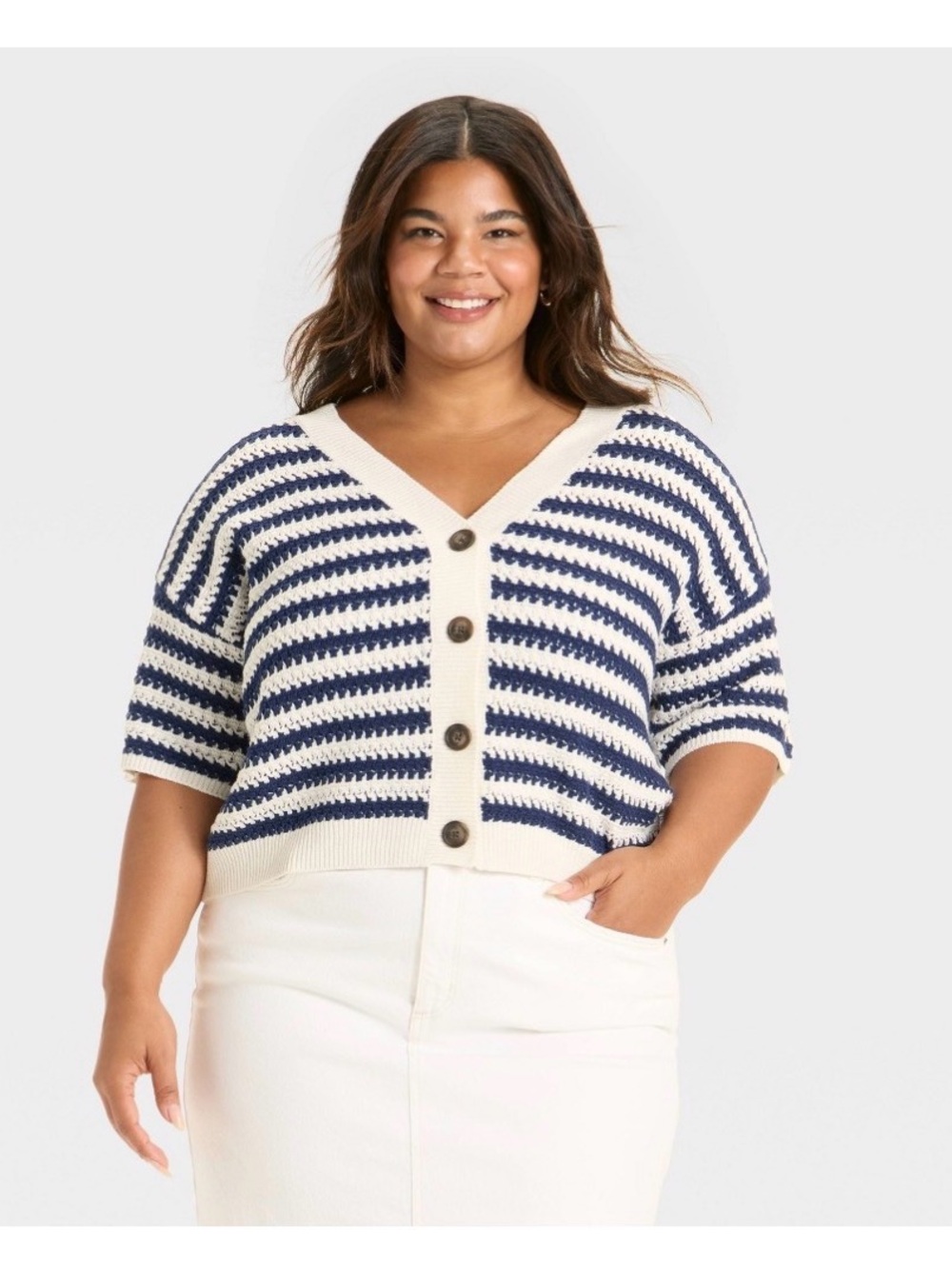Universal Thread Navy and Cream Striped V-Neck Button Cardigan - Picture 1 of 2